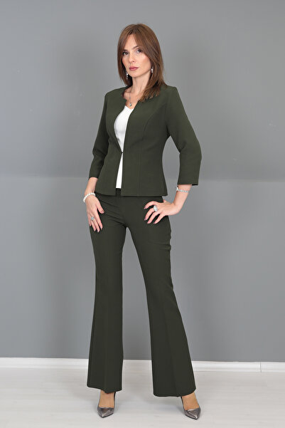 ÖNDER ÖZSOY Sıfır Yaka Düz Kısa Ceket & Bol Paça Pantolon Takım-Haki