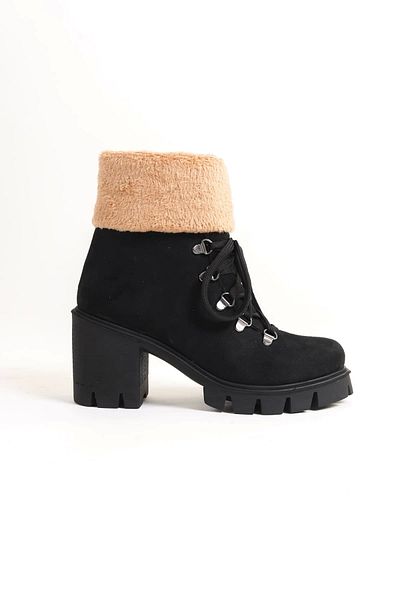 onlinebutik Emma Lace Up Ορθοπεδική σόλα με φερμουάρ με τακούνι Γούνα Λεπτομερή Suede Γυναικείες Μπότες St Μαύρο