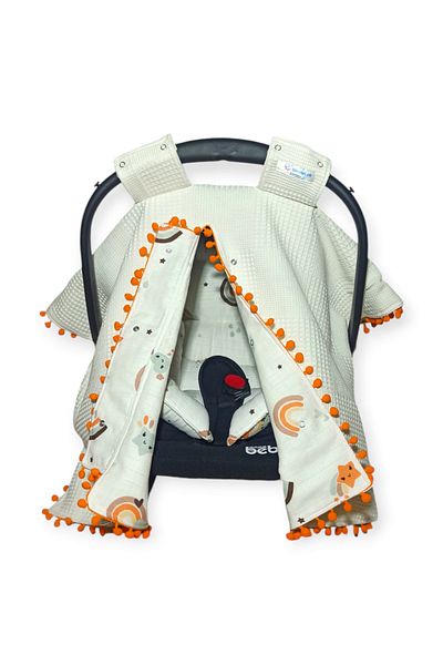 Birmelek Piqued Double Layer Double Sided Pompom Muslin Stroller Cover and Cushion