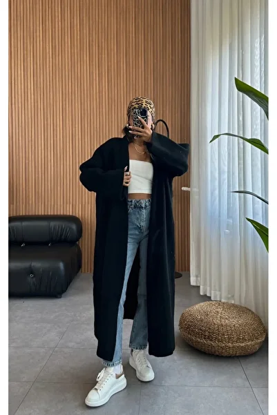 NEW JOURNAL Women's Black Maxi Length Long Hijab Fleece Thick Knitwear Cardigan