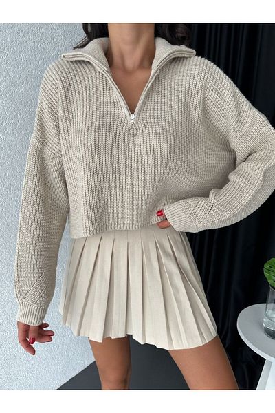 kenza'a Pulover crop oversize cu jumătate de fermoar pentru femei