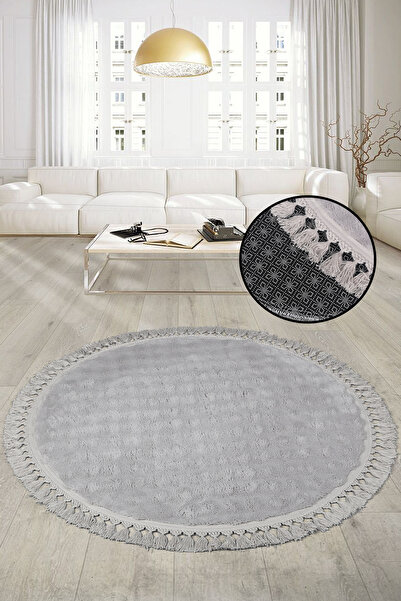 Bonny Home Bubble Gri Yuvarlak Ponpon Saçaklı Salon Oda Halısı Yıkanabilir Ka...