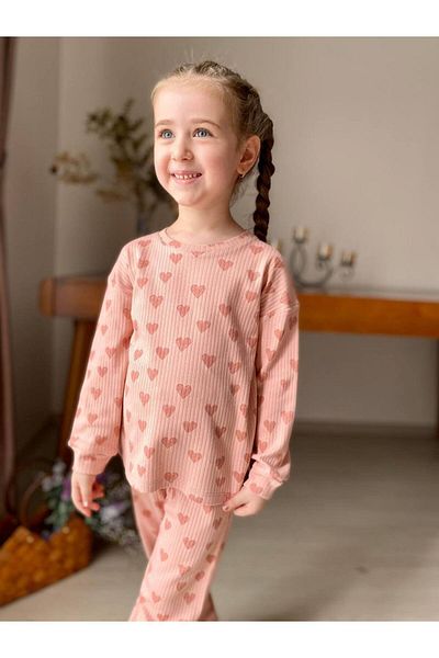 CANDA Girl's Heart Patterned Ribbed Pajamas Set
