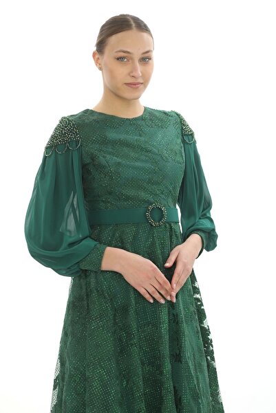 PHELDA Emerald Green Shoulder Detailed Belted φόρεμα 714