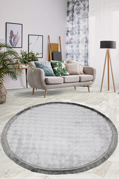 Teksev Bubble Gri Renk Yuvarlak Spor Saçaklı Salon Oda Halısı Makinede Yıkana...