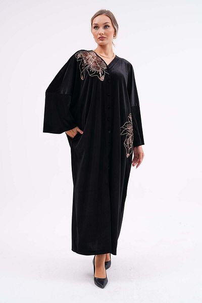 BeyzaBayram Women's Buttoned Sequin Embroidered Velvet Evening Dress