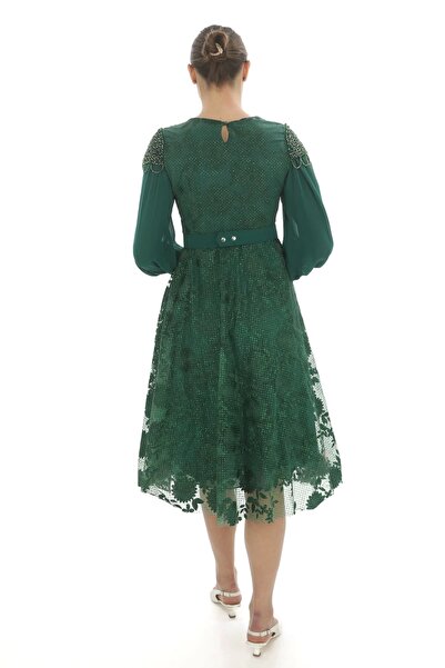 PHELDA Emerald Green Shoulder Detailed Belted φόρεμα 714