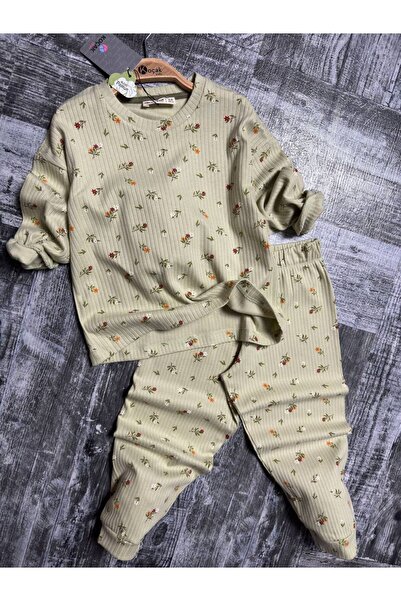 CANDA Girl's Floral Patterned Ribbed Pajamas Set