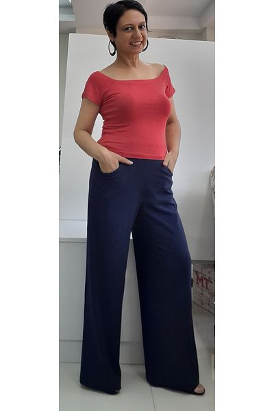 Mertcan Butik Navy Blue Steel Knitted Winter Lightweight Wide-Leg Pants with Elastic Waistband Pockets