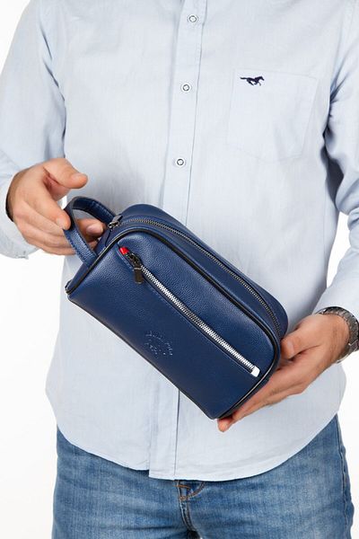 NEWISH POLO ACCESSORIES Men's Navy Blue Vegan Leather Personal Shaved Cosmetic Clutch Bag Care Handbag