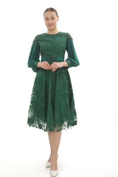PHELDA Emerald Green Shoulder Detailed Belted φόρεμα 714