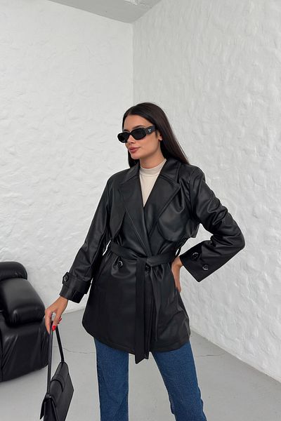 LACHT Trenci din piele ENT pentru femei, negru, cu rever dublu, cu buzunare duble