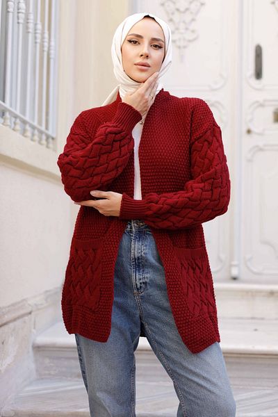Pamuk Butik Women's Sleeves Basket Braided Pocket Knitwear Cardigan
