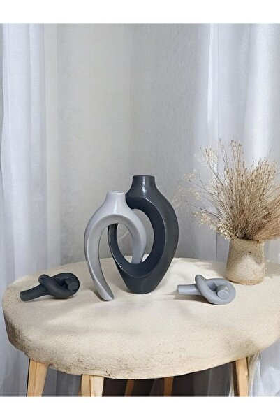 Porselian Handmade Ivy Patterned Ceramic Vase and Knot Candle Holder Set - Interlocking Decorative Set