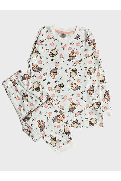 elmas kids Set de pijamale de iarnă cu mânecă lungă, 100% bumbac, cu flori de bufniță albă