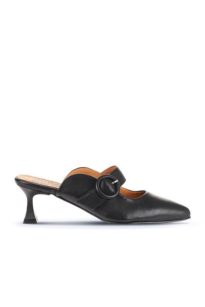 Bueno Shoes Дамски черни кожени чехли на ток - 01wa1301
