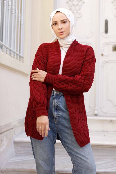 Pamuk Butik Women's Sleeves Basket Braided Pocket Knitwear Cardigan