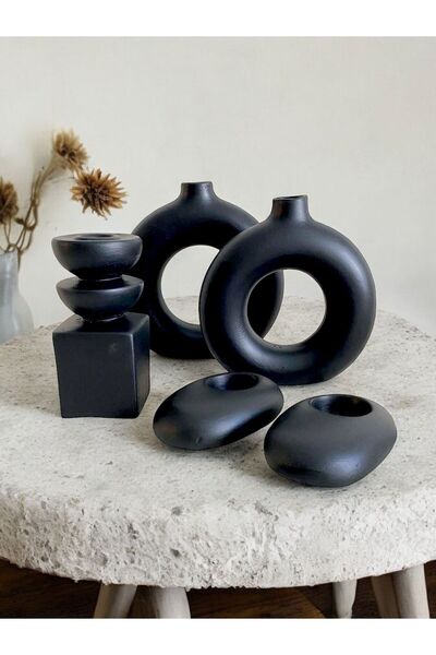 Porselian Set de 5 vaze și suporturi pentru lumânări din ceramică neagră minimalistă – Accesoriu decorativ modern și boem pentru casă