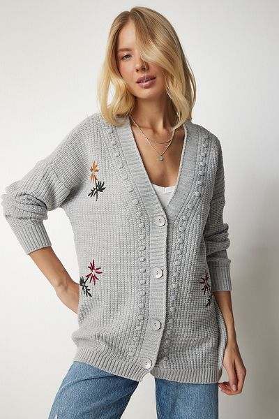 Lovelyİstanbul Textured Knitwear Cardigan - Floral Embroidery, Gray, Lkg0004