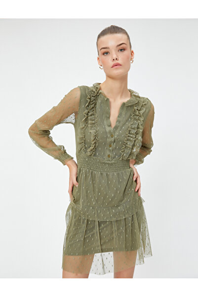 Koton Μίνι φόρεμα με λαιμόκοψη V-λαιμόκοψη με κουμπιά βολάν Λεπτομερής Gippeli