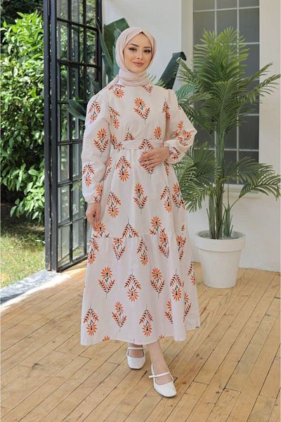 Vespo Women's Belted Frilly Balloon Sleeve Hijab Dress