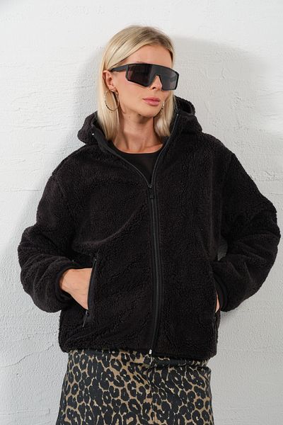 Maule Șerpa neagră de exterior, fleece buzunar interior cu fermoar, glugă, fermoar, haină sport pentru femei