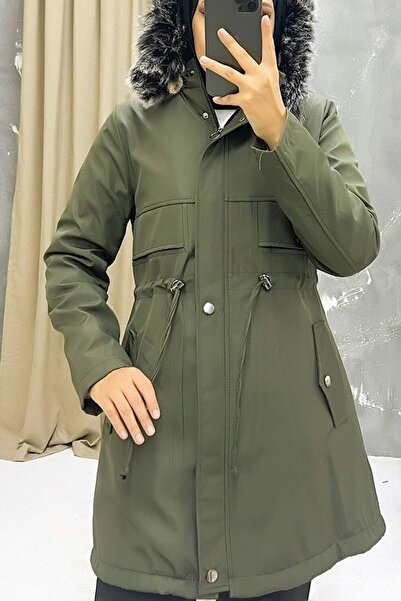 Ottawe İçi ve Kapüşonu Kürk Detay Beli İp Büzgülü Cepli Göğüs Detaylı Fermuarlı Midi Boy Sıcak Kışlık Mont