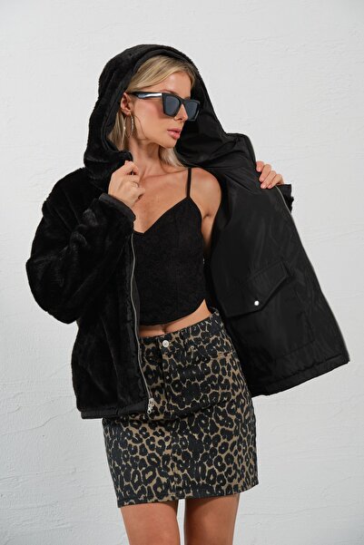 Maule Γυναικείο μαύρο βελούδινο παλτό διπλής όψης - Hoodie, Sherpa Faux Fur @zamora