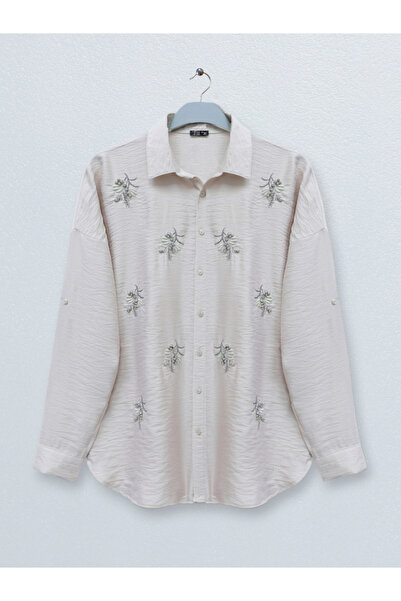 HİJABAYA Taşlı Yaprak Nakışlı Düğmeli Gömlek