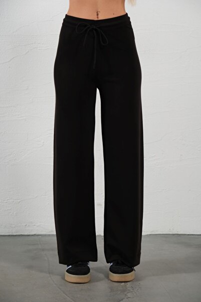 Domoda Black Modal Elastic Wide Leg Palazzo Knitted Women's Trousers @Trapani