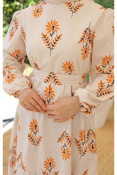Vespo Women's Belted Frilly Balloon Sleeve Hijab Dress