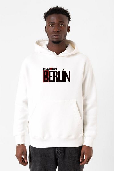 Tshirthane La Casa De Papel Berlin Λευκό ανδρικό φούτερ με κουκούλα 3 κορδονιών