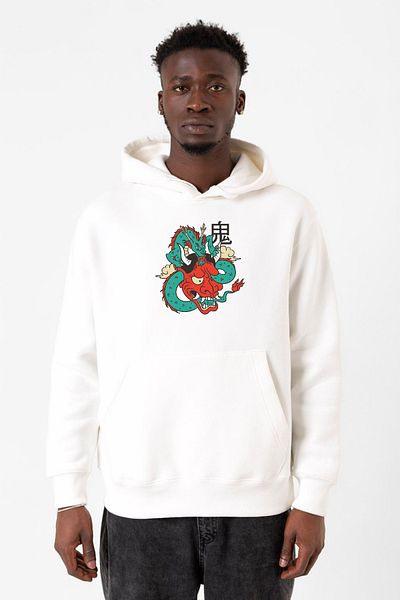 Tshirthane Dragon Samurai Anime Λευκό ανδρικό φούτερ με κουκούλα 3 κορδονιών