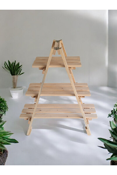 aryawoodcraft 3 Raflı Doğal Ahşap Saksılık, Çiçeklik, Dekoratif