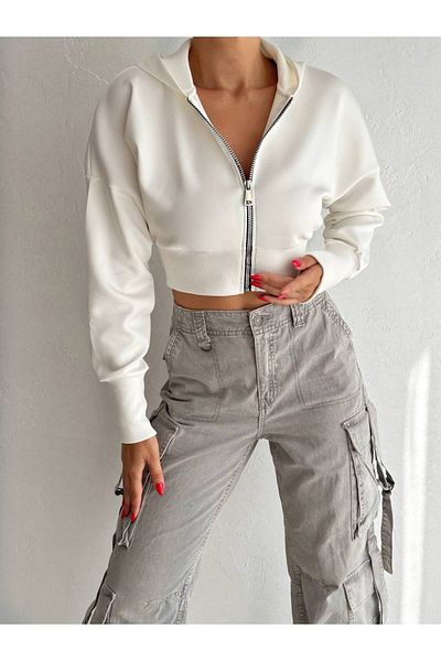 BE CHİC Hanorac crop din țesătură cu glugă și fermoar pentru femei CG5001