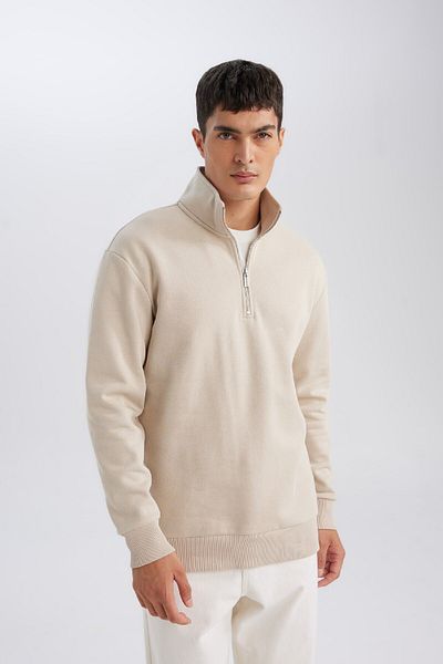 DeFacto Beigefarbenes Herren-Sweatshirt mit 3 Fäden, Baumwolle, Rosette, Fleece-Innenseite, reguläre Passform, Stehkragen, Reißverschluss, dick