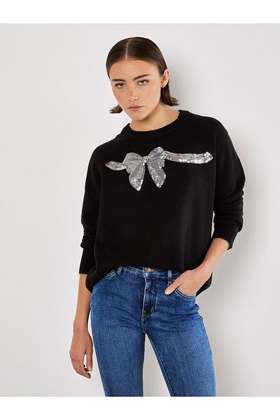 Apricot Pullover mit Paillettenbesatz und Schleife