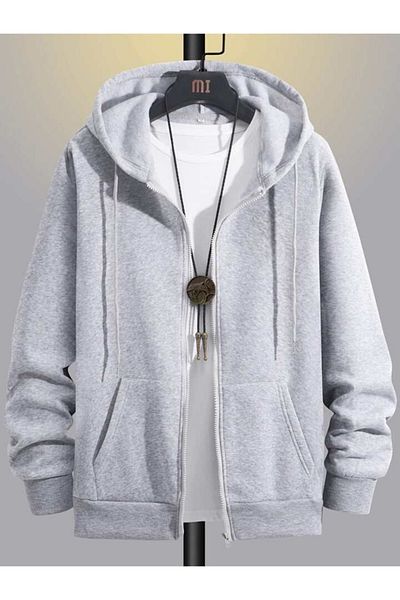 modaberry Cardigan gros Travis Scott - Cardigan supradimensionat de iarnă cu glugă și buzunare cu fermoar cu imprimeu gri