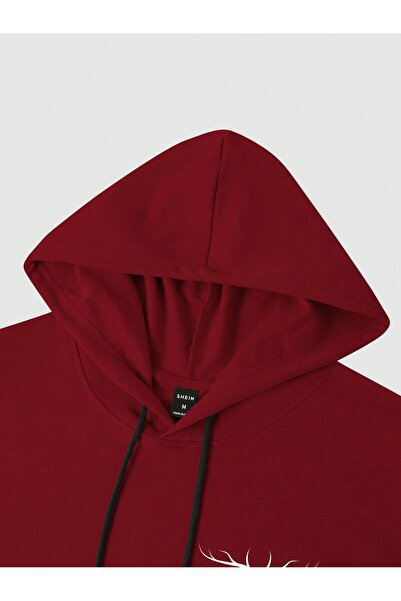 PENTHİLUS Burgundy Reindeer Patterned Oversize Hooded Sweatshirt Hoodie