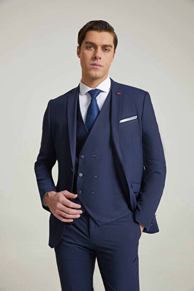 Twn Slim Fit Lacivert Armürlü Mono Yaka Viskonlu Takim Elbise Yelekli