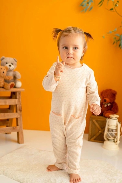 Kids' Little Store Kız Bebek Ekru Pembe Desenli % 100 Pamuk Tulum (3-24 Ay)
