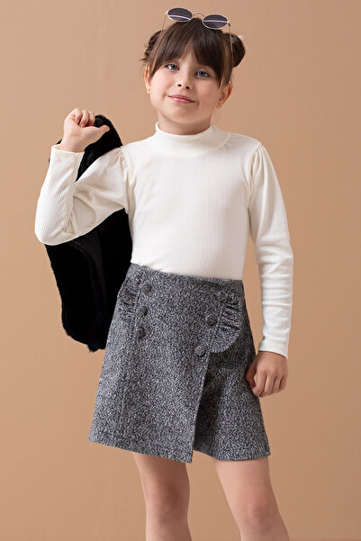 Cansın Mini Girl's Black Plush Vest and Shorts Skirt Suit - 19556