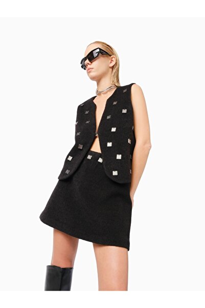 KNTLGY Yün Karışımlı Metal Aksesuar Detaylı Kloş Mini Siyah Etek