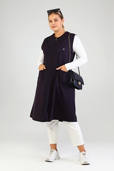 Ferace Women's Large Size Long Vest Ottoman Steel Knitted