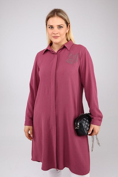 Ferace Women's Large Size Leaf Printed Shirt Tunic Dried Rose