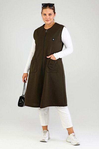 Ferace Women's Large Size Long Vest Ottoman Steel Knitted Khaki
