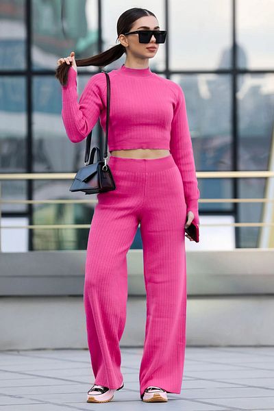 GÜLSELİ Fuchsia Women's Half Fisherman Knitted Crop Sweater Trousers Knitwear Top and Bottom Set