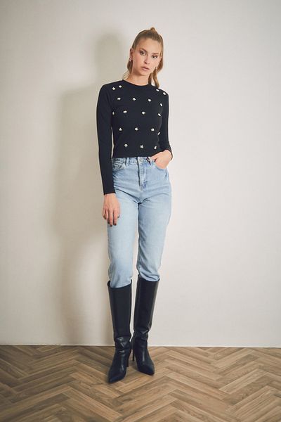 Fulla Moda Μπλούζα με λαιμόκοψη με μαργαριταρένιο ύφασμα