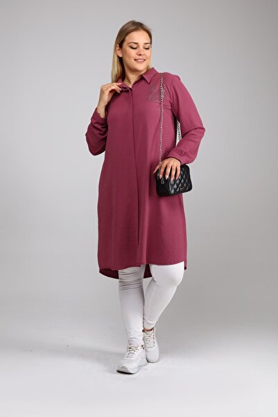 Ferace Γυναικείο πουκάμισο με στάμπα σε μεγάλο μέγεθος, χιτώνα Dusty Rose