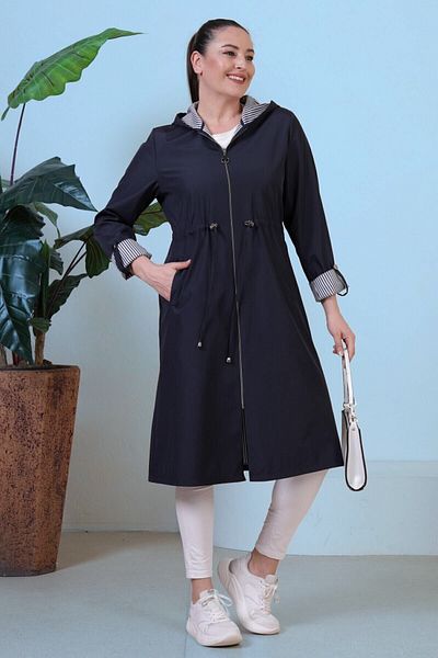 Ferace Women's Large Size Zippered Clothes Cik Hijab Trenc Navy Blue